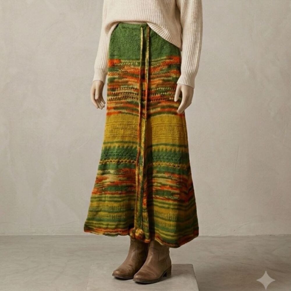 Vintage Handmade Boho Knit Maxi Skirt Fall Winter Cozy Hippie Festival LG